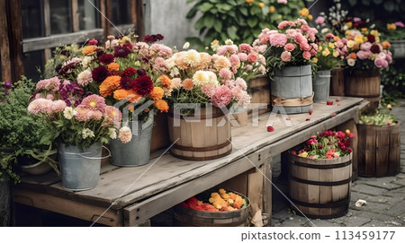 Various beautiful colorful flower bouquet in a wooden bucket at the table after harvest moment. Various beautiful colorful flower bouquet in a wooden bucket at the table after harvest moment. 113459177