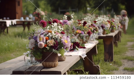 Beautiful various colorful flower bouquet in a pot for wedding table at the bench prepare for wedding dinner. 113459180