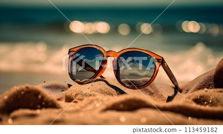 Fancy trendy modest brown color reflective lens man or woman fashionable attractive sun glasses at the beach, lost and found concept, missing person concept, drown, vacation or luxury concept. 113459182