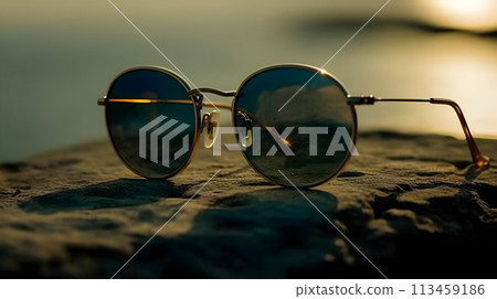 Black reflective lens man or woman aviator style fashionable attractive elegance sun glasses at the beach, lost and found concept, missing person concept, drown concept, vacation or luxury concept. 113459186