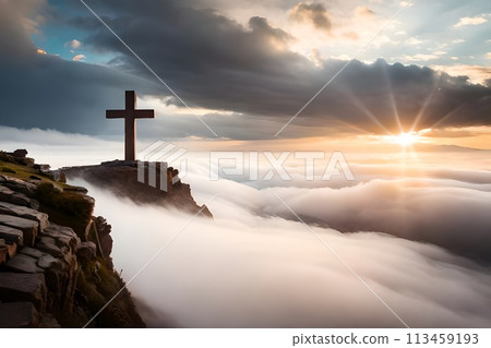 Silhouette of Christian cross at the mountain hill for peace and spiritual symbol of Christian people. Inspiration, resurrection hope and concept. 113459193