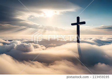 Silhouette of Christian cross appear at the clear cloudy sky atmosphere for peace and spiritual symbol of Christian people. Inspiration, resurrection hope and concept. 113459195