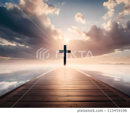 Silhouette of Christian cross appear at the end of the jetty dock at the clear cloudy sky atmosphere for peace and spiritual symbol of Christian people. Inspiration, resurrection hope and concept. 113459196