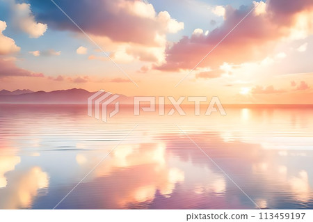 Landscape of beautiful dreamy clear blue and orange cloudy sky between calm and the mountain at the horizon, reflection on the sea as background and backdrop. Landscape of beautiful dreamy clear blue and orange cloudy sky between calm and the mountain at the horizon, reflection on the sea as background and backdrop. 113459197
