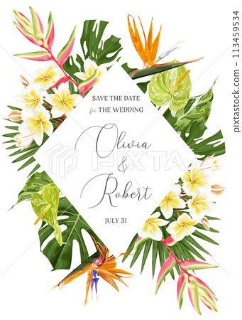 Summer frame with tropical flowers and leaves for invitation, banner, greeting card. Vector. 113459534