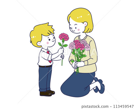 Illustration of a boy giving a carnation on Mother's Day Illustration of a boy giving a carnation on Mother's Day 113459547
