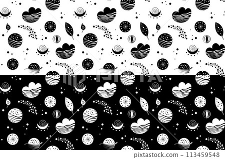 Seamless neo folk patterns with moon, cloud, sun and stars, black and white celestial design. Set Neo folk style endless backgrounds perfect for textile design. Seamless neo folk patterns with moon, cloud, sun and stars, black and white celestial design. Set Neo folk style endless backgrounds perfect for textile design. 113459548