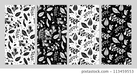 Seamless neo folk art vector patterns set with flowers, black and white floral design. Neo folk style endless background perfect for textile design. Seamless neo folk art vector patterns set with flowers, black and white floral design. Neo folk style endless background perfect for textile design. 113459553