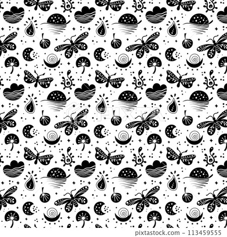Seamless neo folk art vector pattern with butterfly, moth and flowers, black and white floral design. Neo folk style endless background perfect for textile design. Seamless neo folk art vector pattern with butterfly, moth and flowers, black and white floral design. Neo folk style endless background perfect for textile design. 113459555