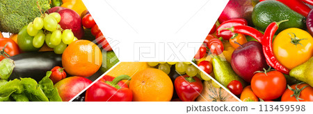 Healthy vegetables and fruit food - collage. There is free space for text. 113459598