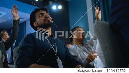 Indian male journalist raises hand, asks question from politician 113459752