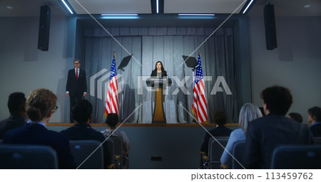 US presidential candidate comes to tribune, starts performance US presidential candidate comes to tribune, starts performance 113459762