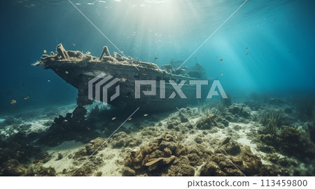 Maritime mishap vessel sinking beneath ocean waves.AI Generated 113459800