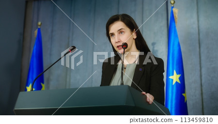 Female representative of the European Union pronounces political speech 113459810