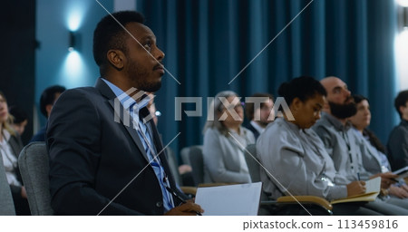 Multiethnic journalists during press campaign in conference room 113459816
