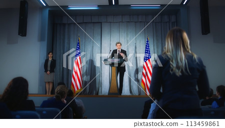 Confident republican politician delivers successful speech 113459861
