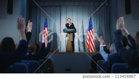 Confident republican politician delivers successful speech 113459867