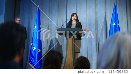 Female EU representative performs at press conference 113459883