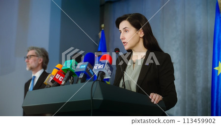 Female representative of the European Union during press conference 113459902