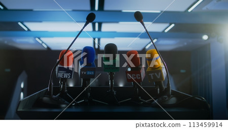 Speech tribune with microphones for interview for media or television 113459914