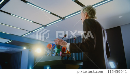 Female press officer pronounces speech from tribune during press campaign 113459941