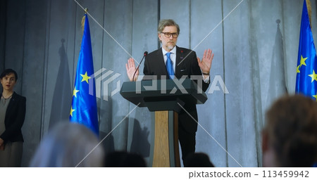 Mature representative of European Union performs at conference Mature representative of European Union performs at conference 113459942