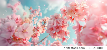 Close up of pink cherry blossom tree against blue sky 113460009