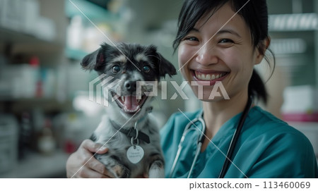Portrait of female asian veterinarian is smiling while holding a small dog Portrait of female asian veterinarian is smiling while holding a small dog 113460069