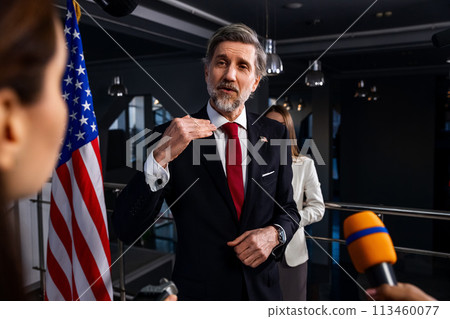 American politician gives interview for media and TV news American politician gives interview for media and TV news 113460077