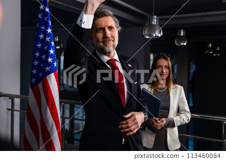 American politician at press conference after campaign speech American politician at press conference after campaign speech 113460084