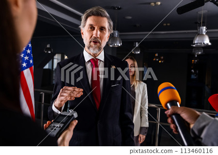 Irritated President of the United States of America answers journalists questions Irritated President of the United States of America answers journalists questions 113460116