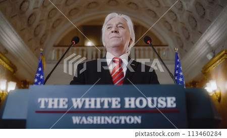 New President of the United States smiles and gestures during press campaign New President of the United States smiles and gestures during press campaign 113460284