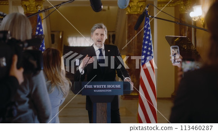 Confident President of the United States speaks at press conference 113460287