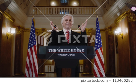 Joyful senior politician poses on cameras for media and television 113460293