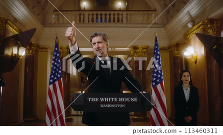 President of the United States gives inspirational speech, then poses for cameras 113460311