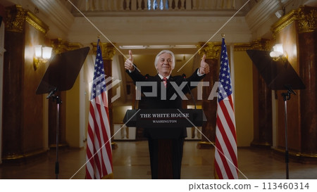 New President of the United States smiles and gestures during press campaign New President of the United States smiles and gestures during press campaign 113460314