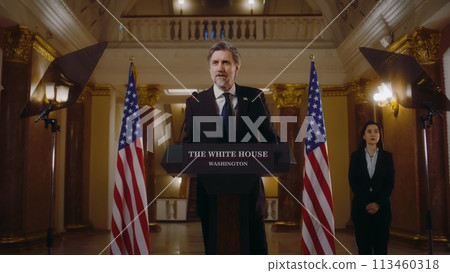 Mature congressman during press conference in the White House Mature congressman during press conference in the White House 113460318