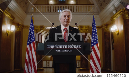US government representative gives political speech at press conference US government representative gives political speech at press conference 113460320