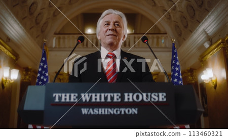 US government representative gives political speech at press conference US government representative gives political speech at press conference 113460321