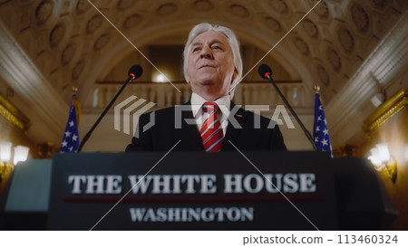 US government representative gives political speech at press conference US government representative gives political speech at press conference 113460324