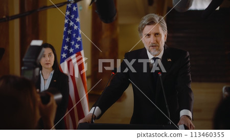 US congressman speaks at press conference, gives interview for media US congressman speaks at press conference, gives interview for media 113460355