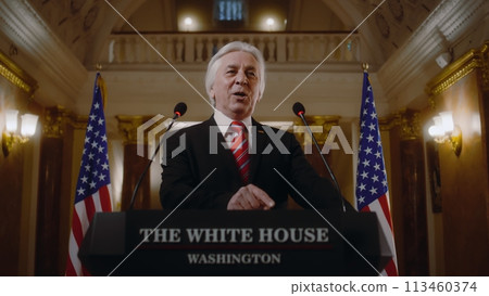 US government representative gives political speech at press conference US government representative gives political speech at press conference 113460374