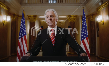 US government representative gives political speech at press conference US government representative gives political speech at press conference 113460428
