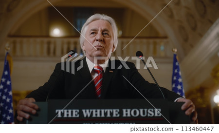 US President comes to tribune and pronounces emotional political speech US President comes to tribune and pronounces emotional political speech 113460447