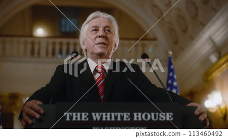US President comes to tribune and pronounces emotional political speech US President comes to tribune and pronounces emotional political speech 113460492