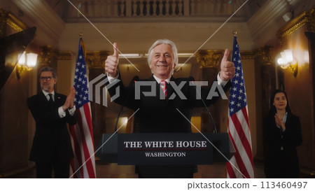 US President smiles, shows thumbs up during press conference US President smiles, shows thumbs up during press conference 113460497