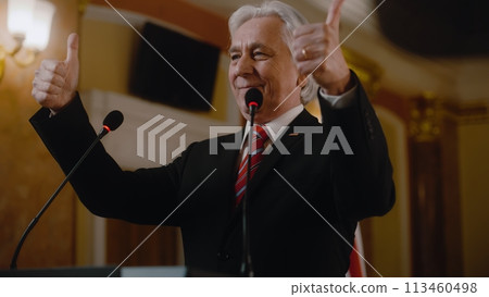 New President of the United States smiles and gestures during press campaign New President of the United States smiles and gestures during press campaign 113460498