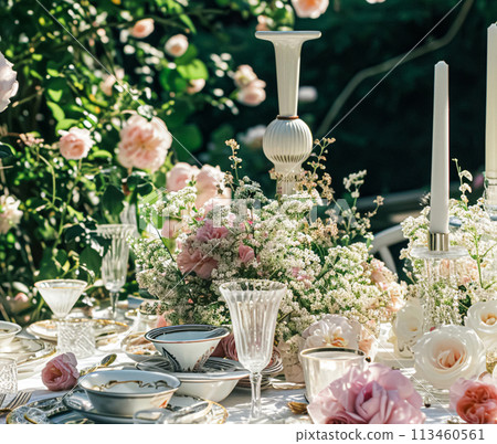 Table setting with rose flowers and candles for an event party or wedding reception in summer garden. 113460561