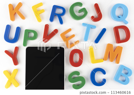 Smartphone and alphabet. Image of English learning app Smartphone and alphabet. Image of English learning app 113460616