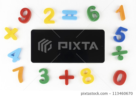 Smartphone and numbers. Image of an arithmetic study app Smartphone and numbers. Image of an arithmetic study app 113460670